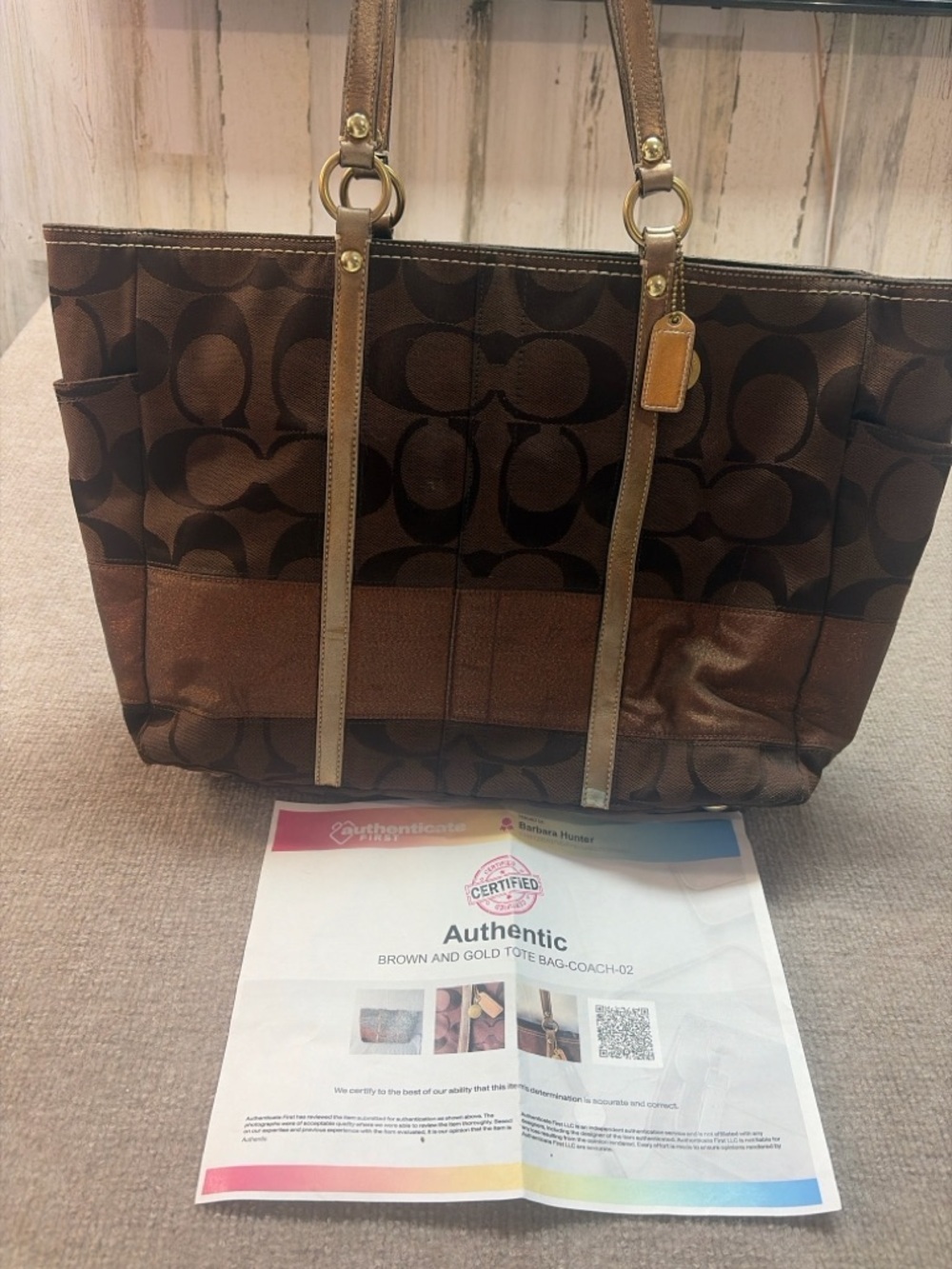 Coach Signature Brown Tote Bag Canvas Leather Trim Gold Hardware Authentic